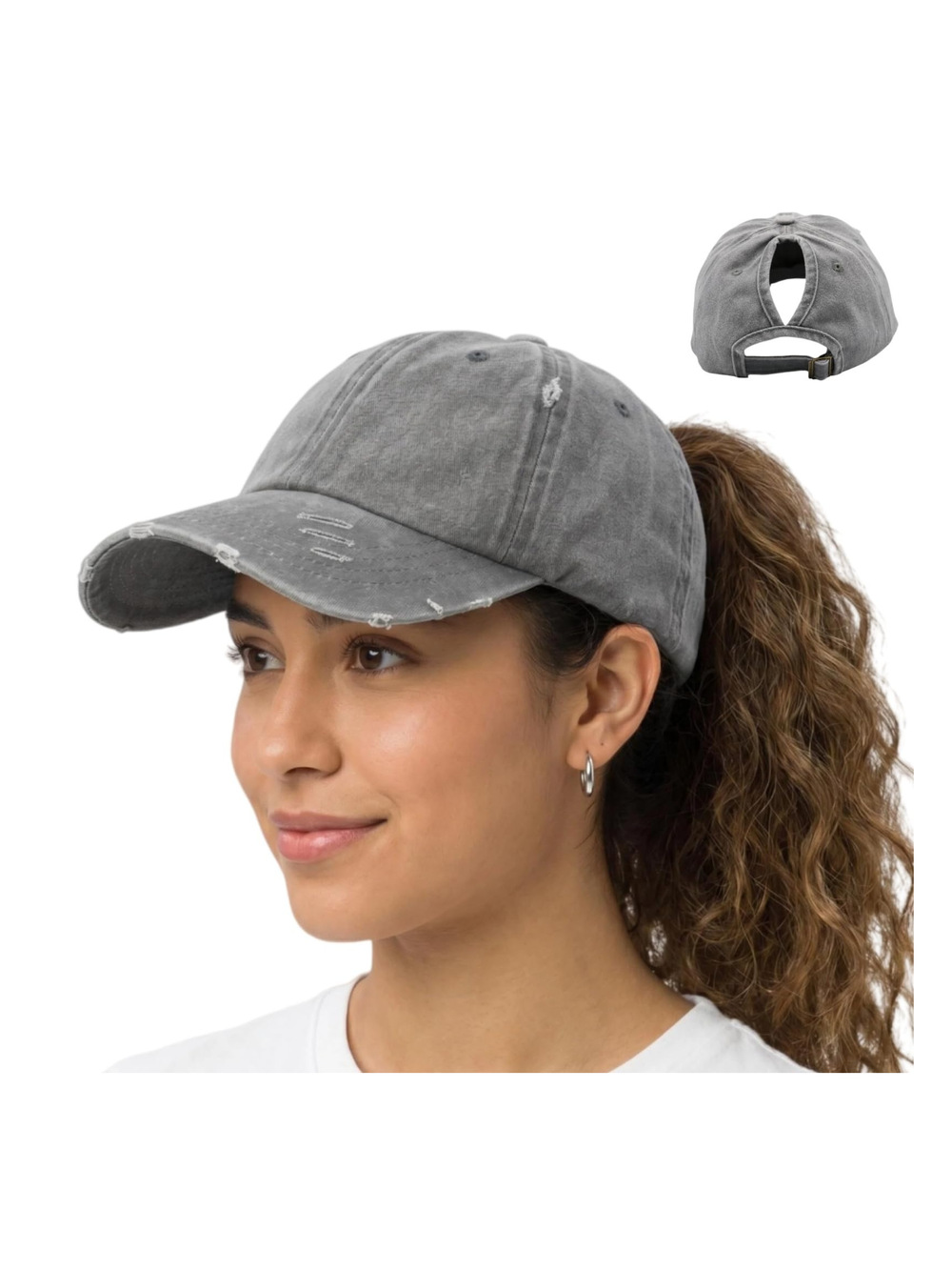 Womens High Ponytail Messy Bun Baseball Caps | Solid Fabric Gray | Size OS